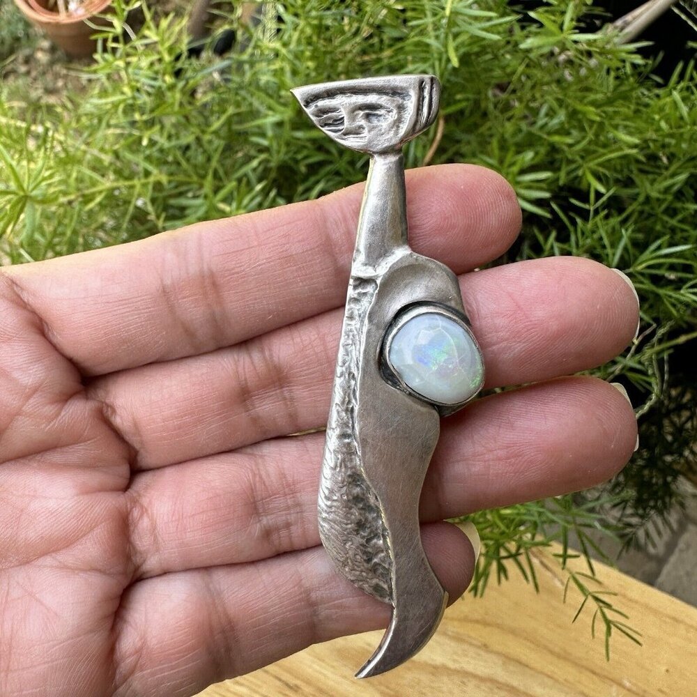 VTG Tudor Figural Brooch Cuticle Knife 3 Inch Precious Opal Fine Silver‎ 15.0g